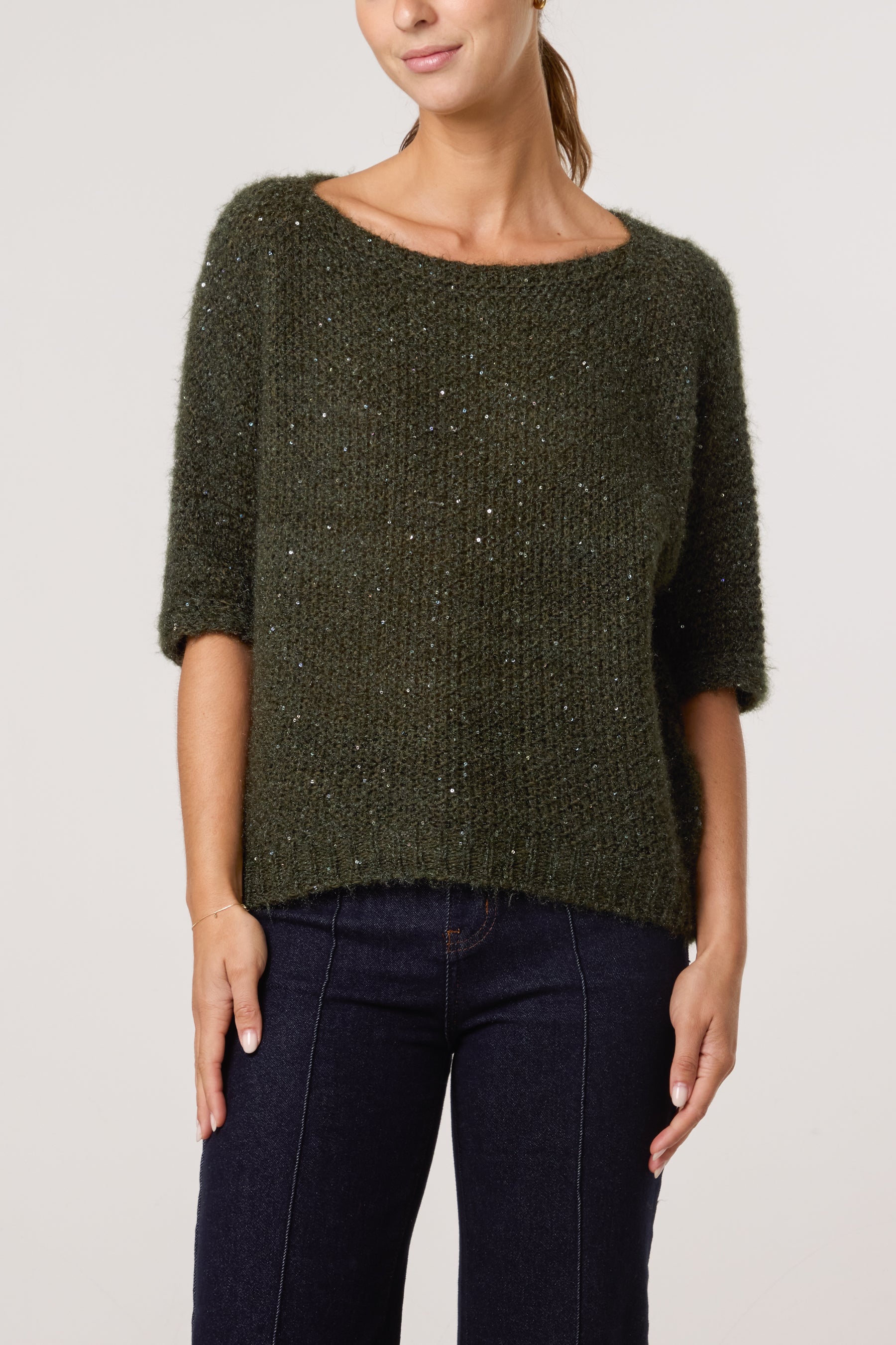 Sequins Fluffy Knit 3/4 Sleeve Jumper