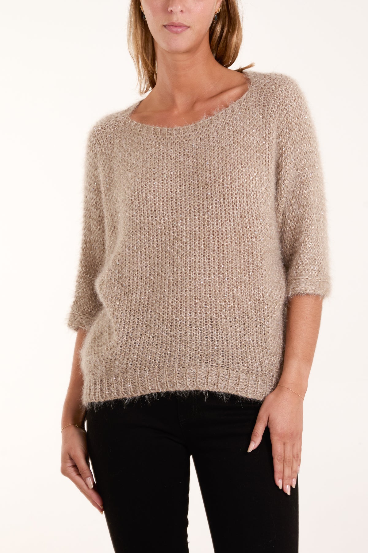 Sequins Fluffy Knit 3/4 Sleeve Jumper