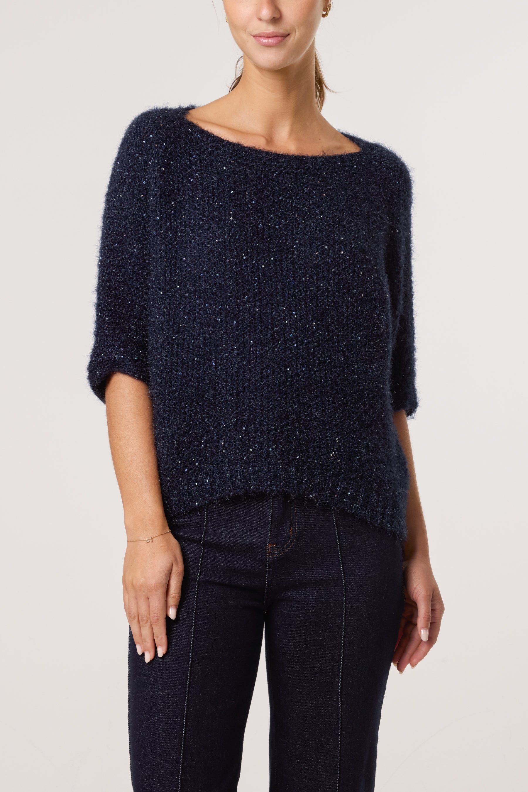 Sequins Fluffy Knit 3/4 Sleeve Jumper