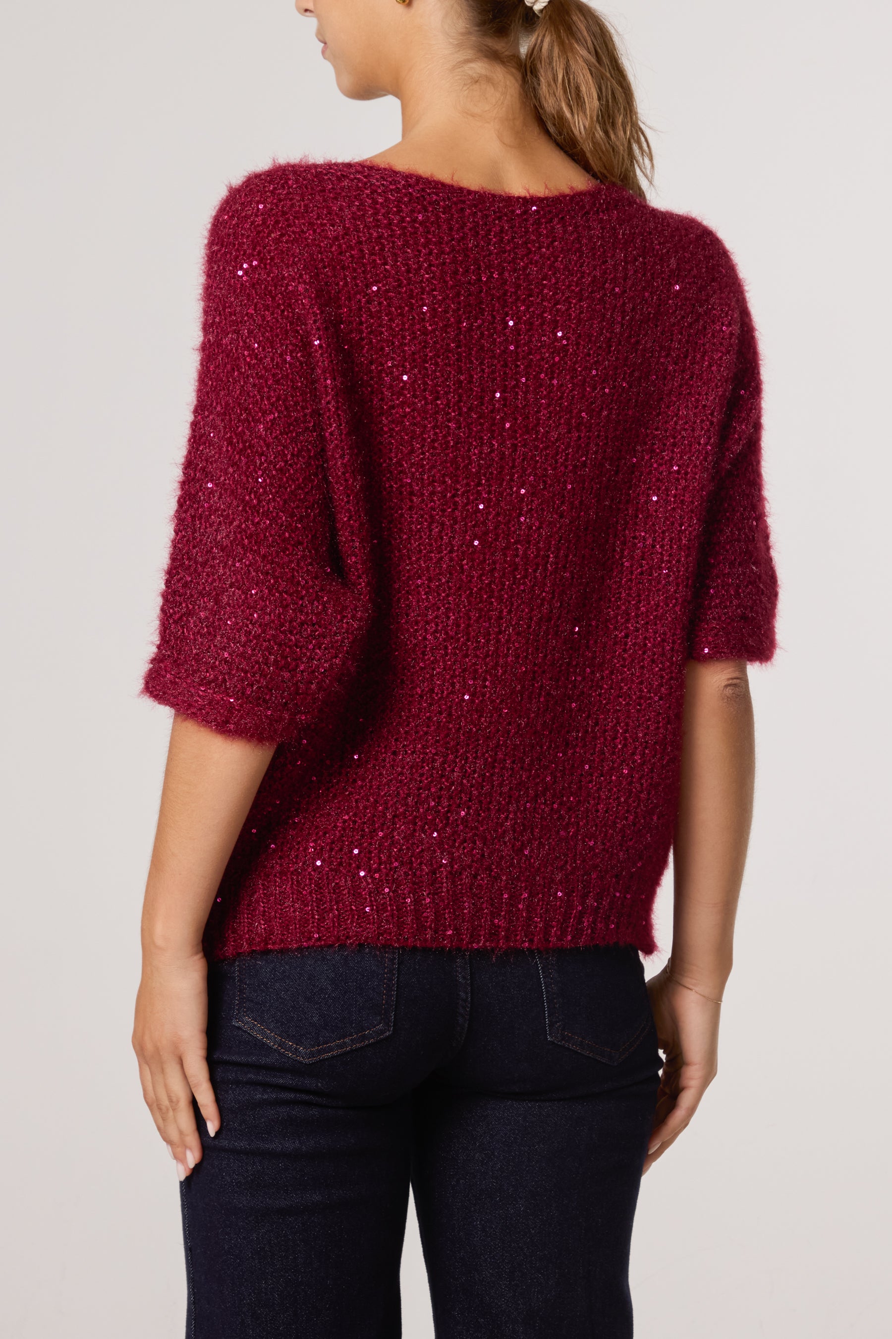 Sequins Fluffy Knit 3/4 Sleeve Jumper