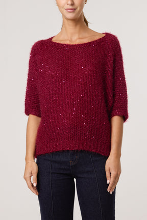 Sequins Fluffy Knit 3/4 Sleeve Jumper