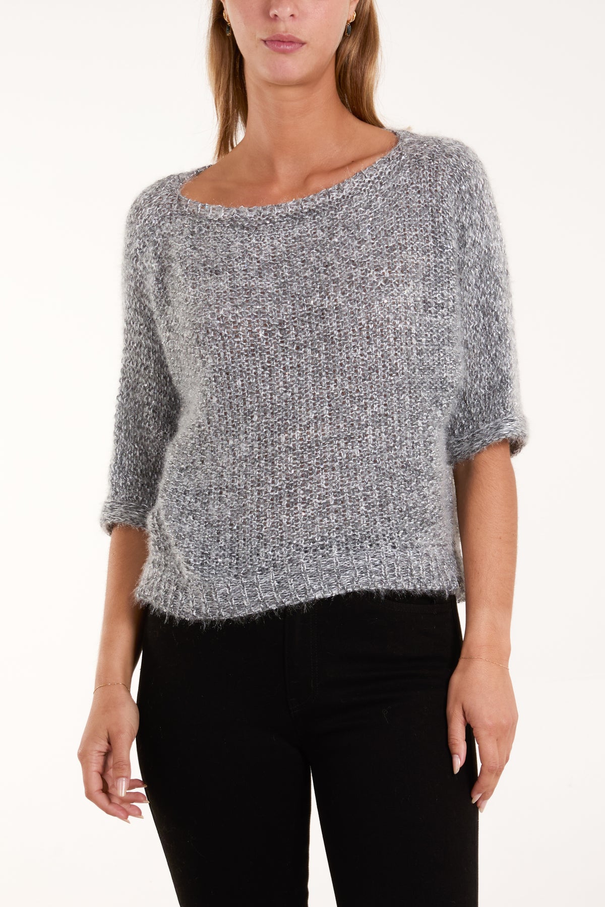 Sequins Fluffy Knit 3/4 Sleeve Jumper