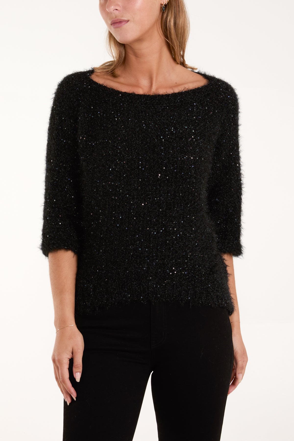 Sequins Fluffy Knit 3/4 Sleeve Jumper