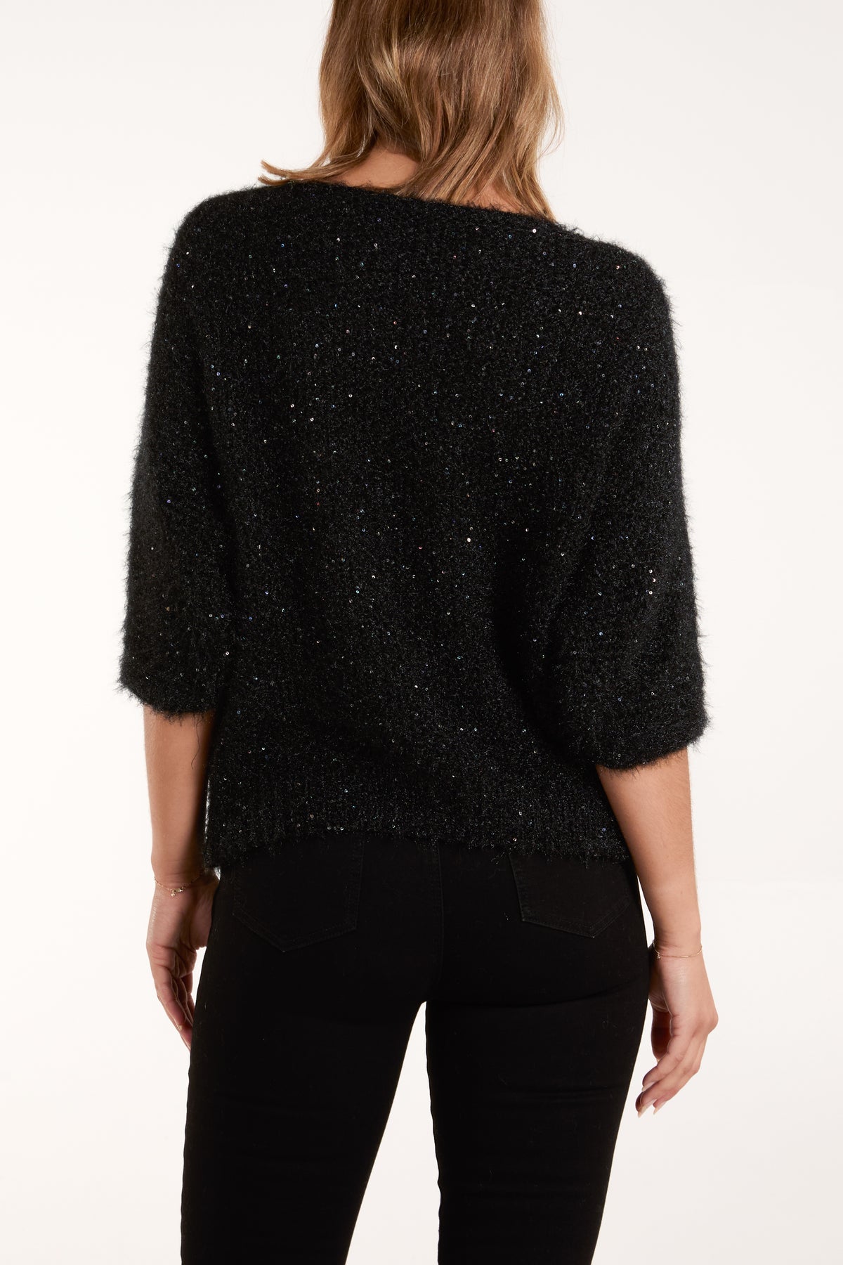 Sequins Fluffy Knit 3/4 Sleeve Jumper