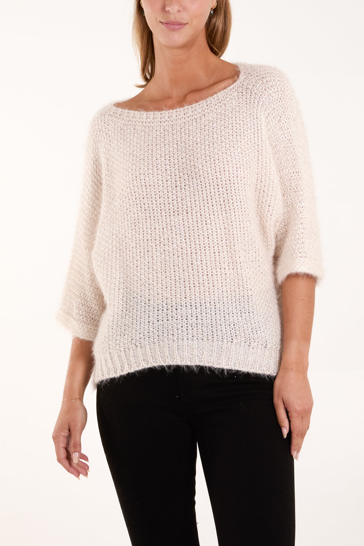 Sequins Fluffy Knit 3/4 Sleeve Jumper