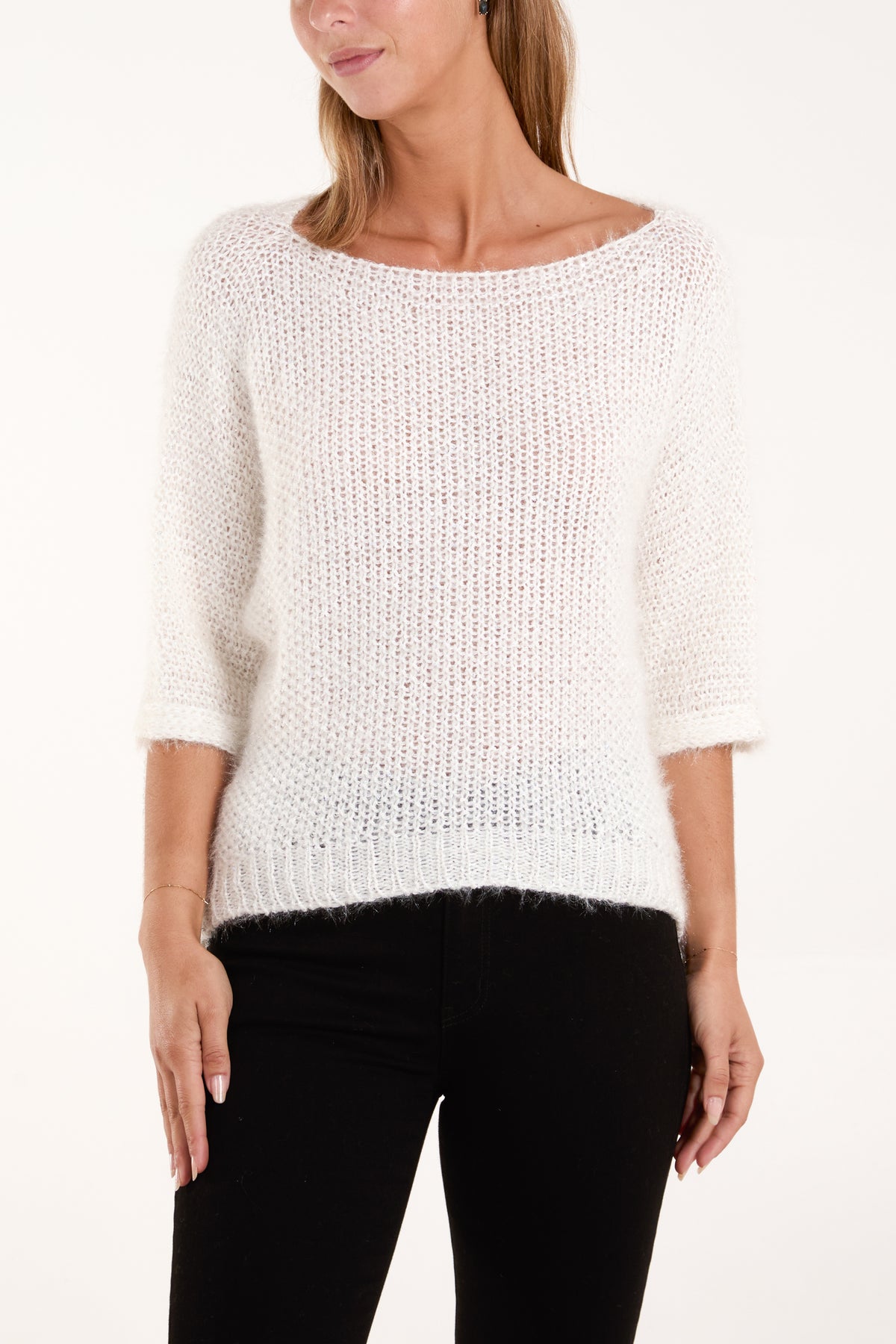 Sequins Fluffy Knit 3/4 Sleeve Jumper