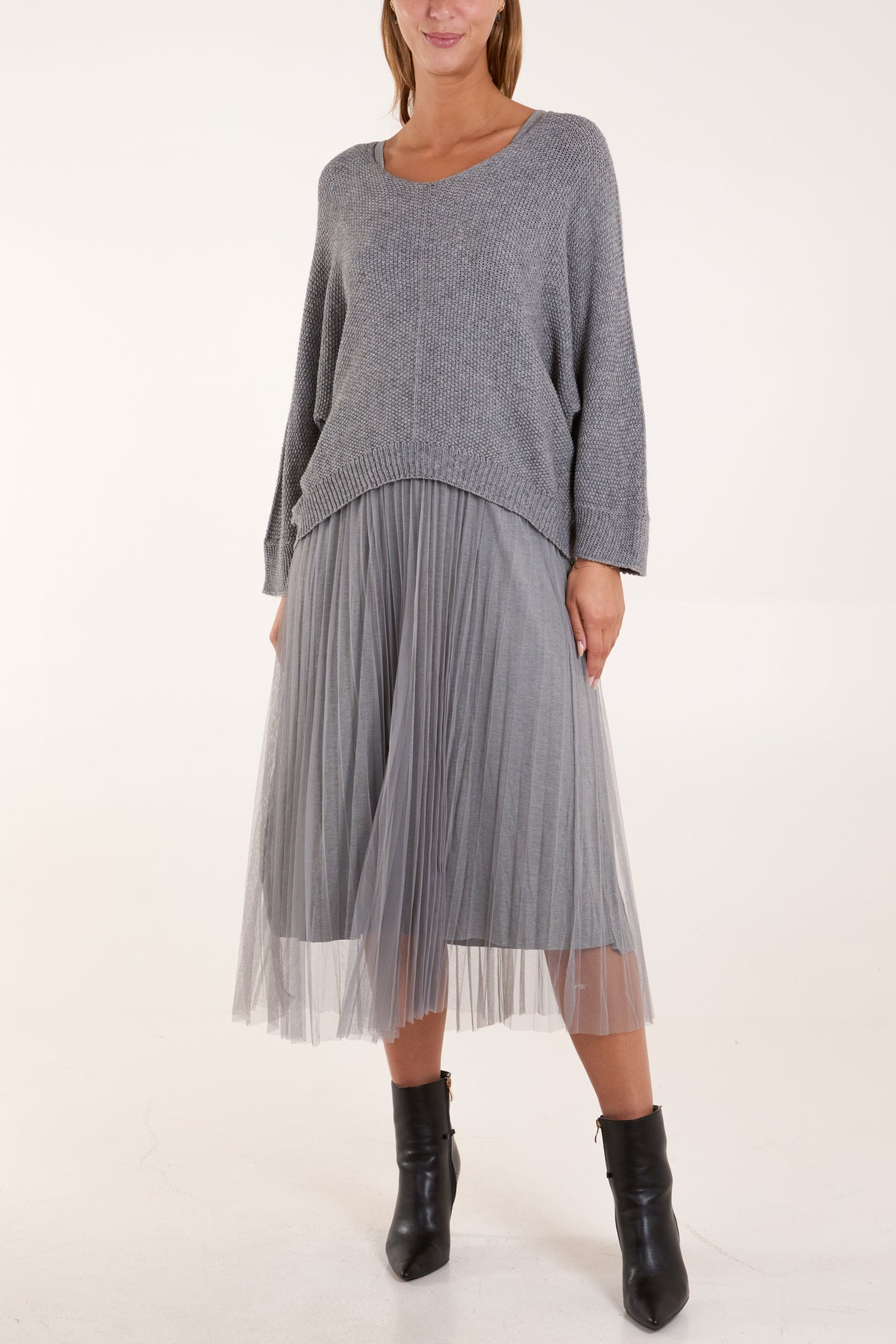 Tulle Dress & Texture Batwing Jumper Set