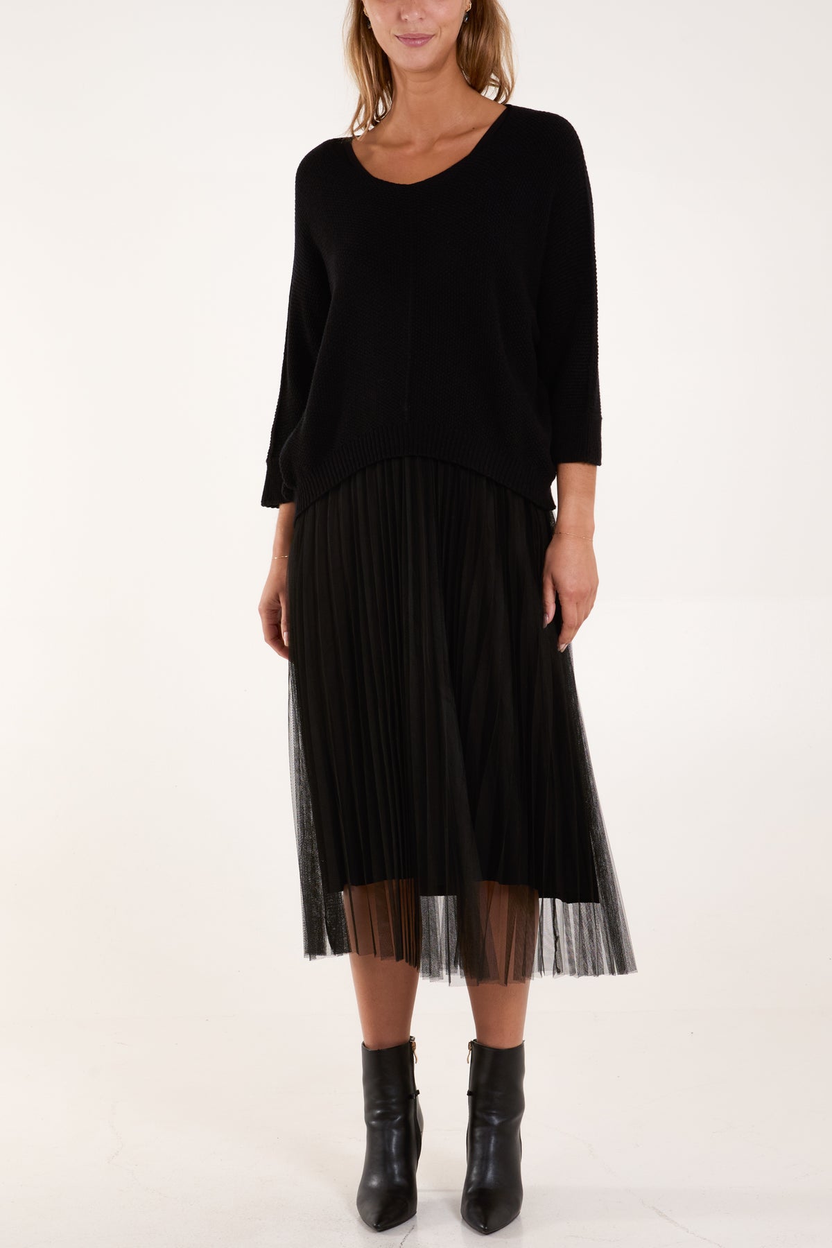 Tulle Dress & Texture Batwing Jumper Set