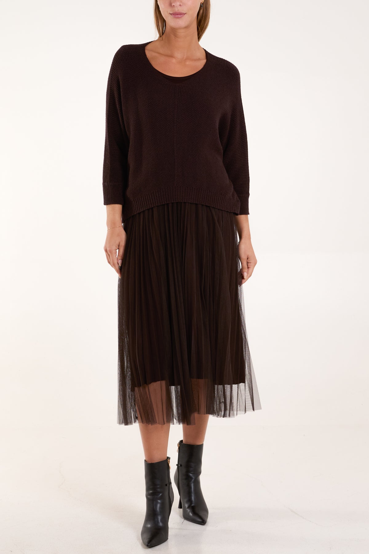 Tulle Dress & Texture Batwing Jumper Set