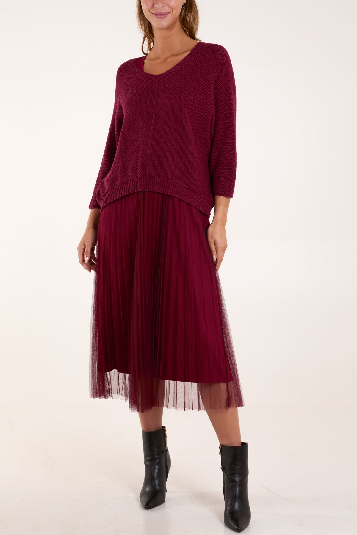 Tulle Dress & Texture Batwing Jumper Set