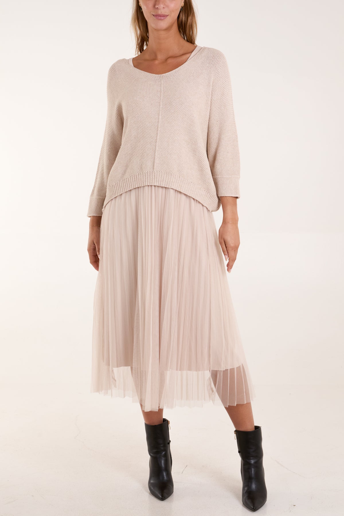 Tulle Dress & Texture Batwing Jumper Set