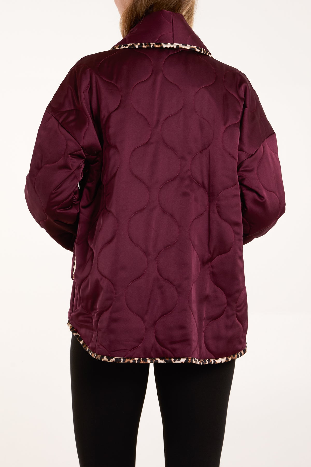 Leopard Binding Satin Quilted Jacket