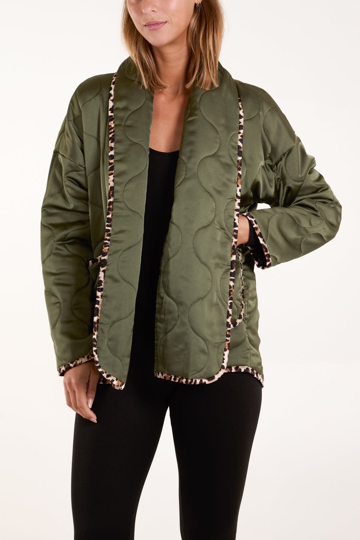 Leopard Binding Satin Quilted Jacket