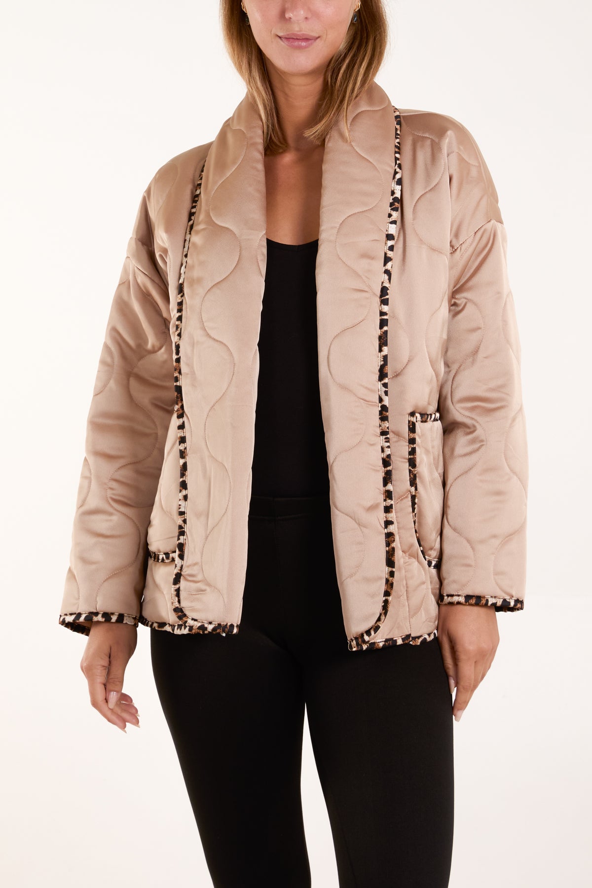 Leopard Binding Satin Quilted Jacket