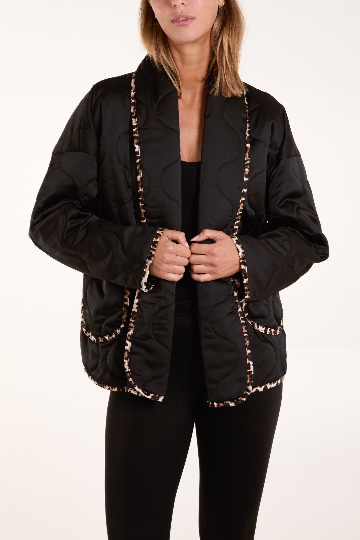 Leopard Binding Satin Quilted Jacket