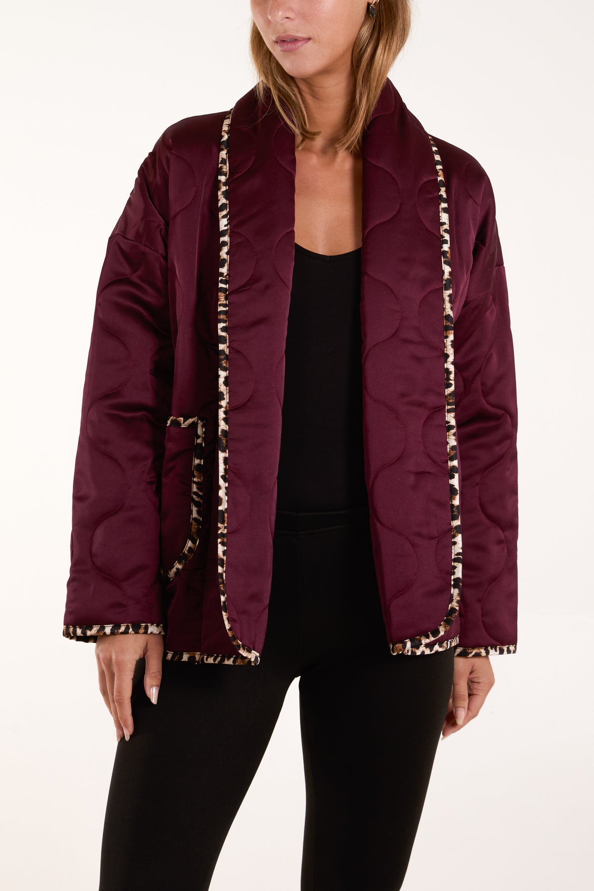 Leopard Binding Satin Quilted Jacket