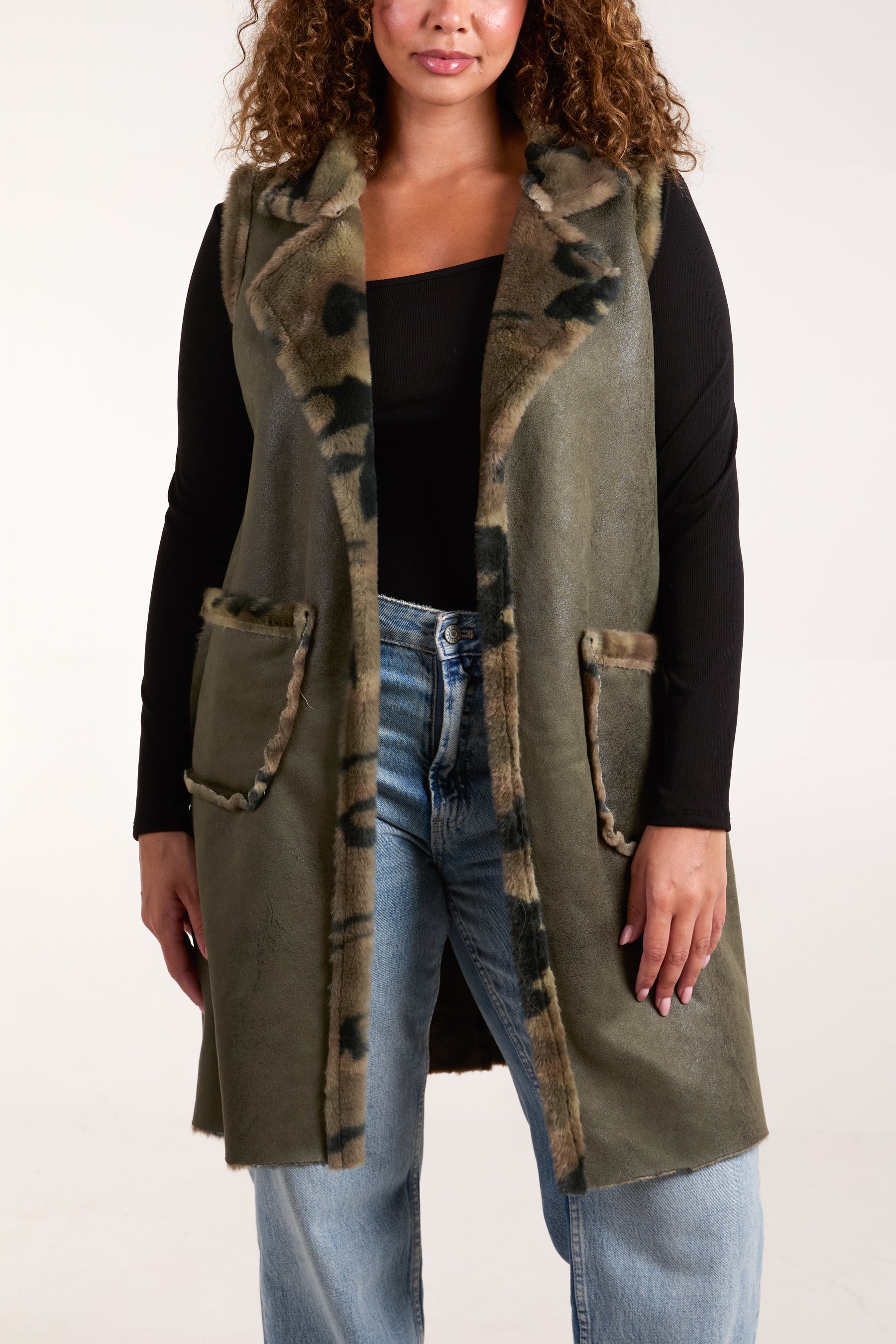 Camouflage Faux Fur Pockets Gilet