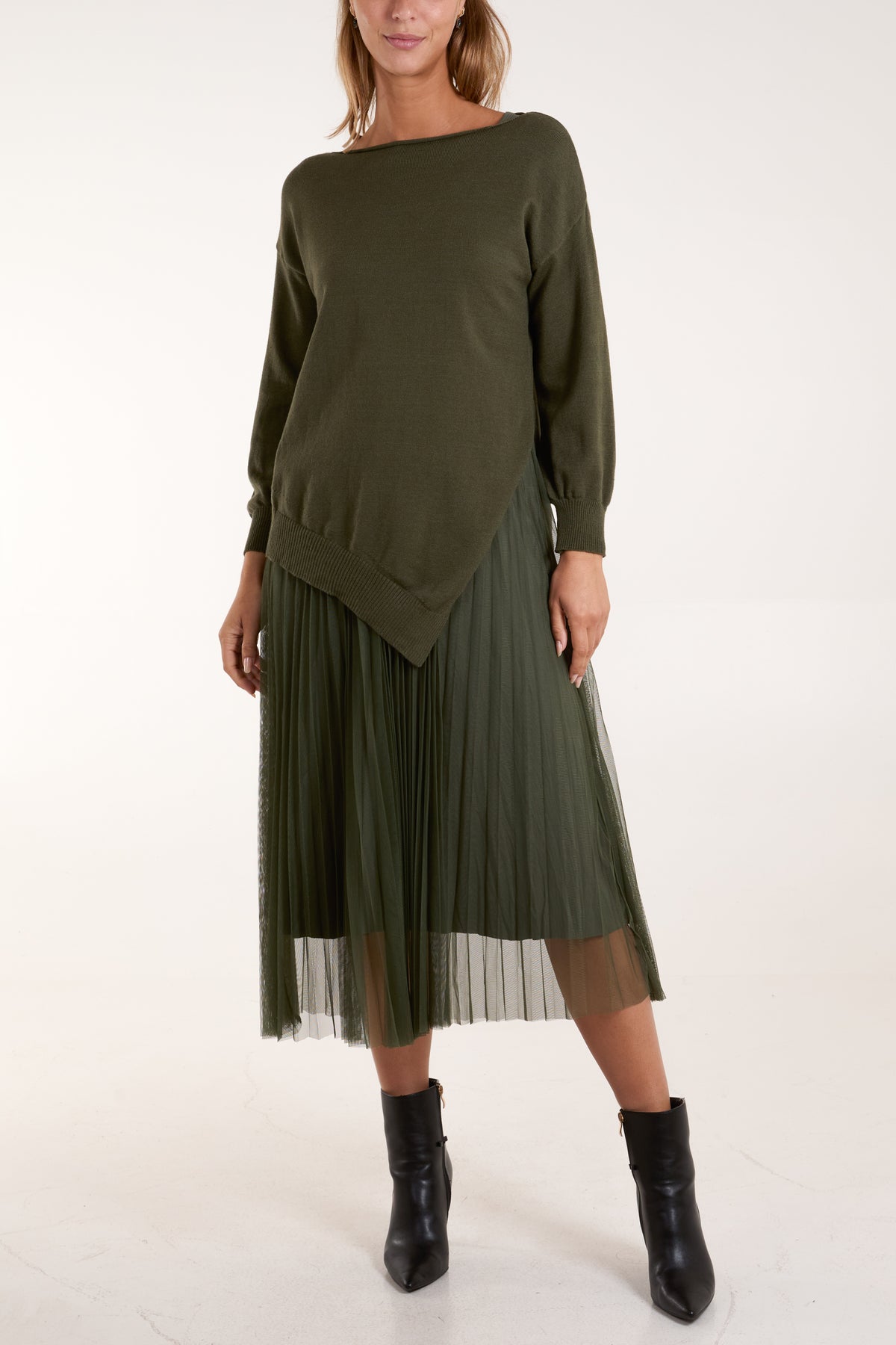 Round Neck Jumper Pleated Dress Set