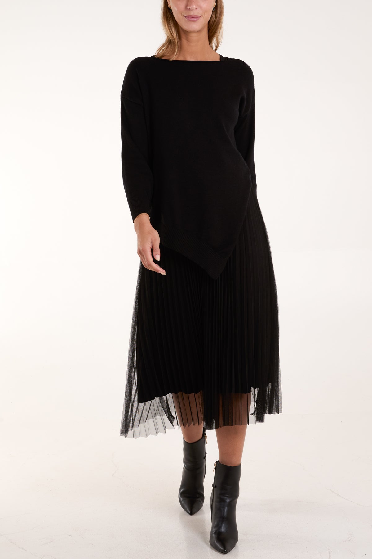 Round Neck Jumper Pleated Dress Set