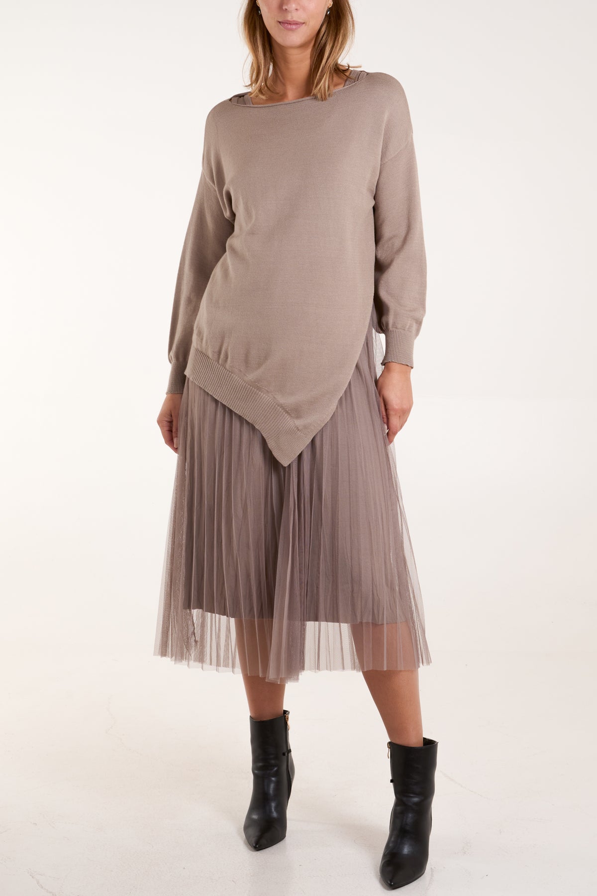 Round Neck Jumper Pleated Dress Set