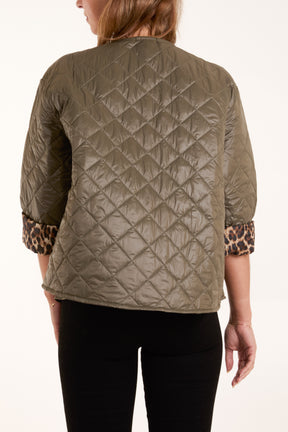 Collarless Leopard Lining Quilted Jacket