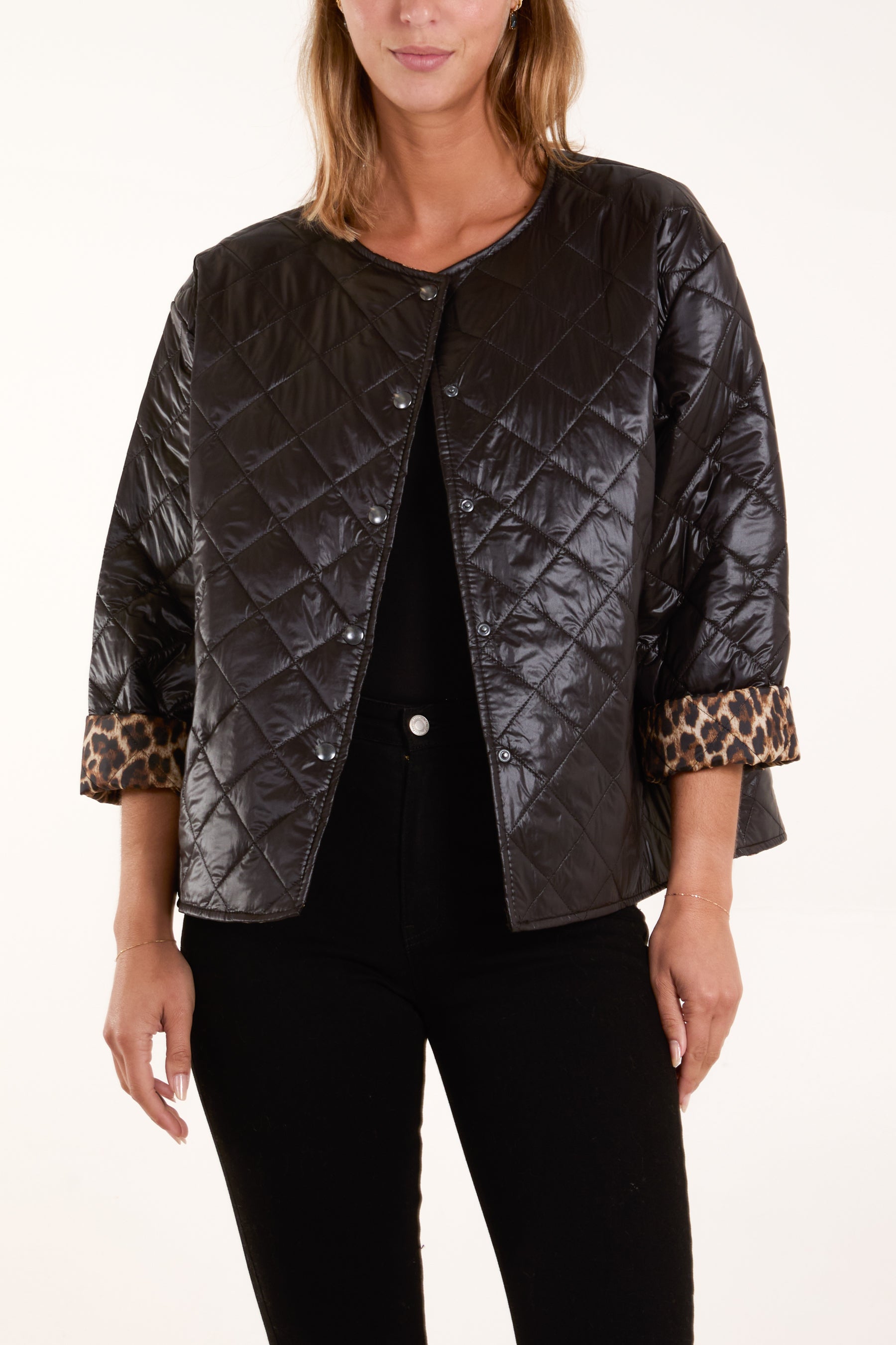 Collarless Leopard Lining Quilted Jacket