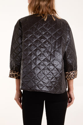 Collarless Leopard Lining Quilted Jacket