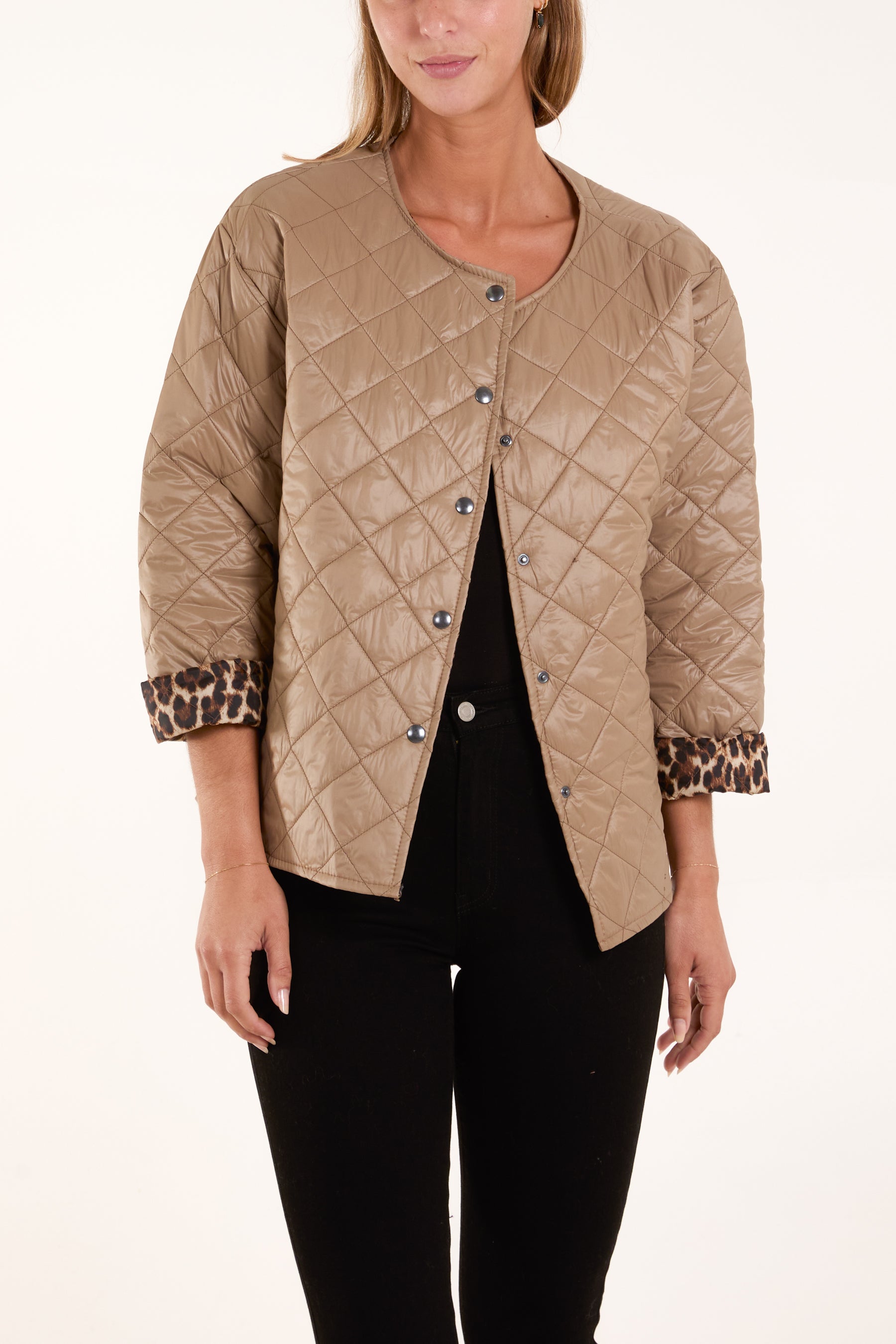 Collarless Leopard Lining Quilted Jacket