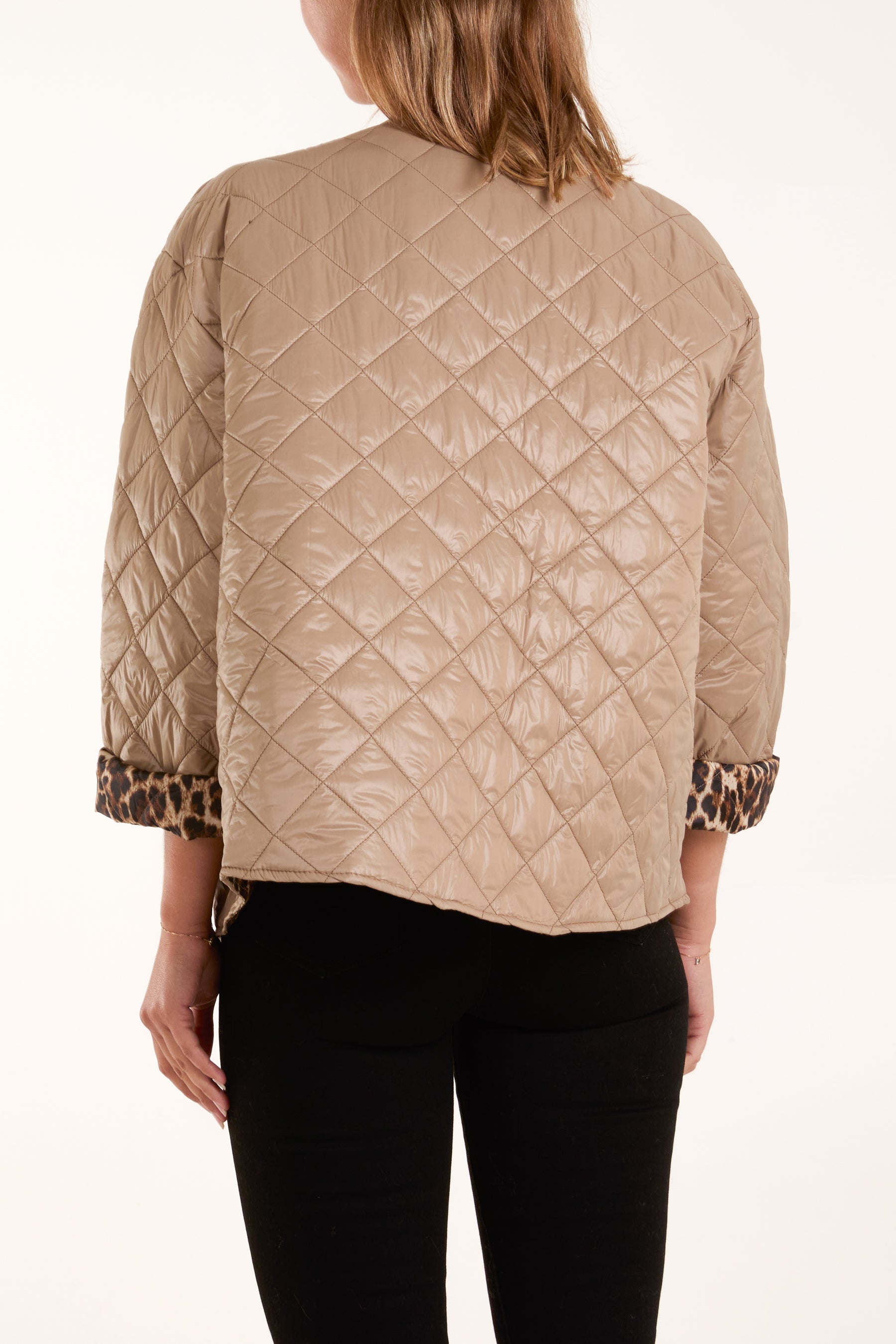 Collarless Leopard Lining Quilted Jacket