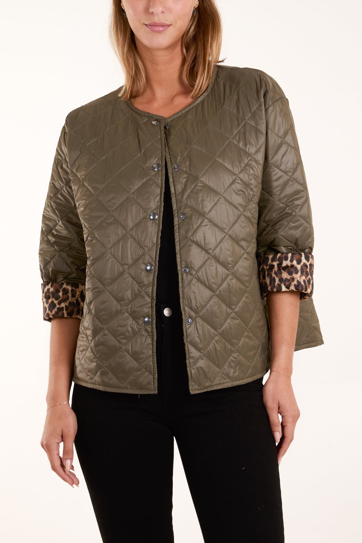 Collarless Leopard Lining Quilted Jacket