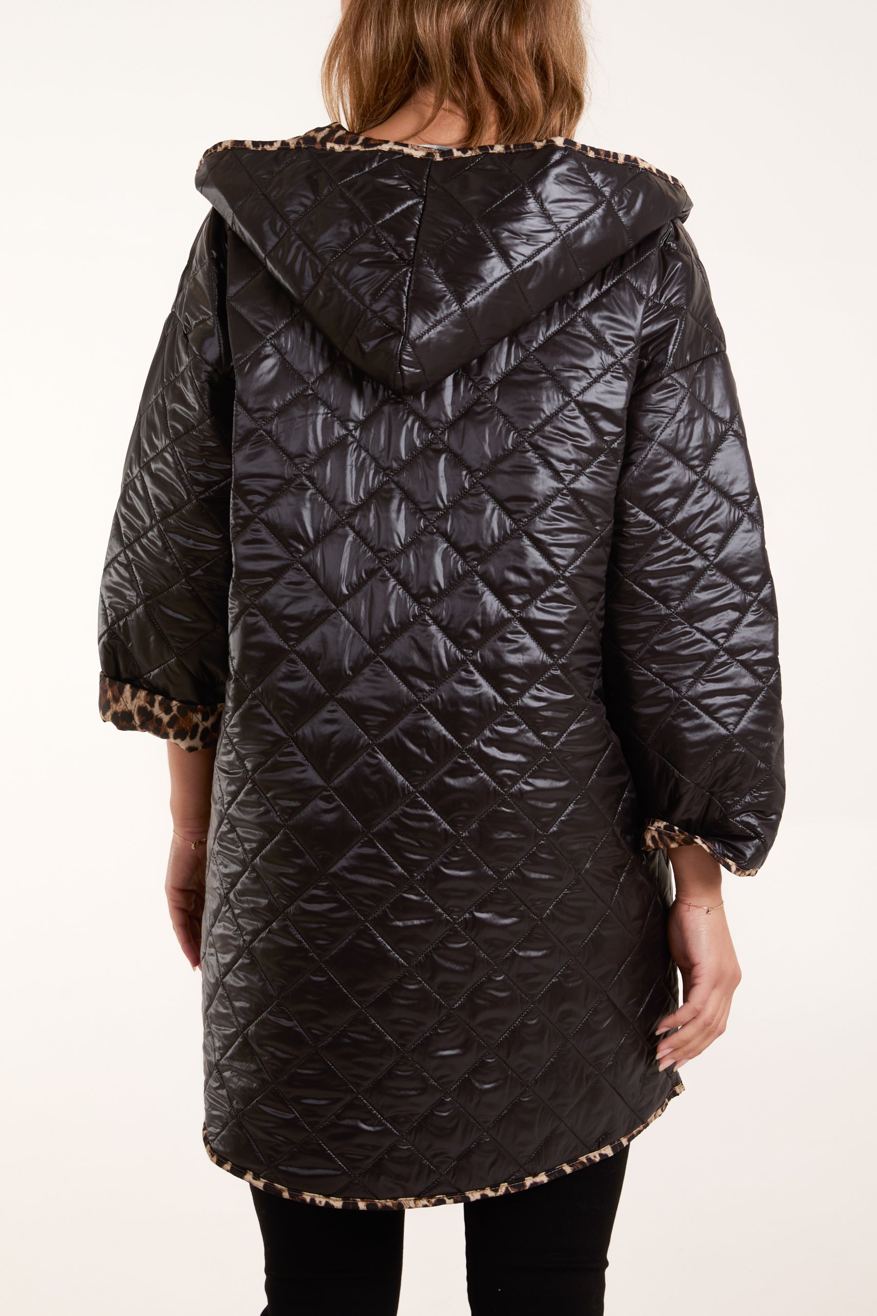 Hooded Leopard Lining Toggle Quilted Coat