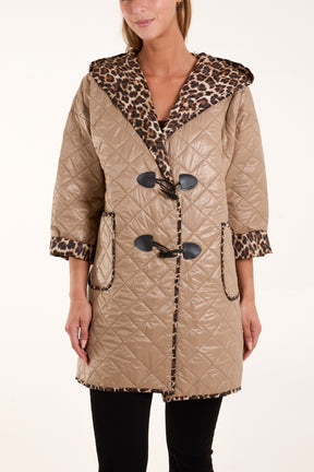 Hooded Leopard Lining Toggle Quilted Coat