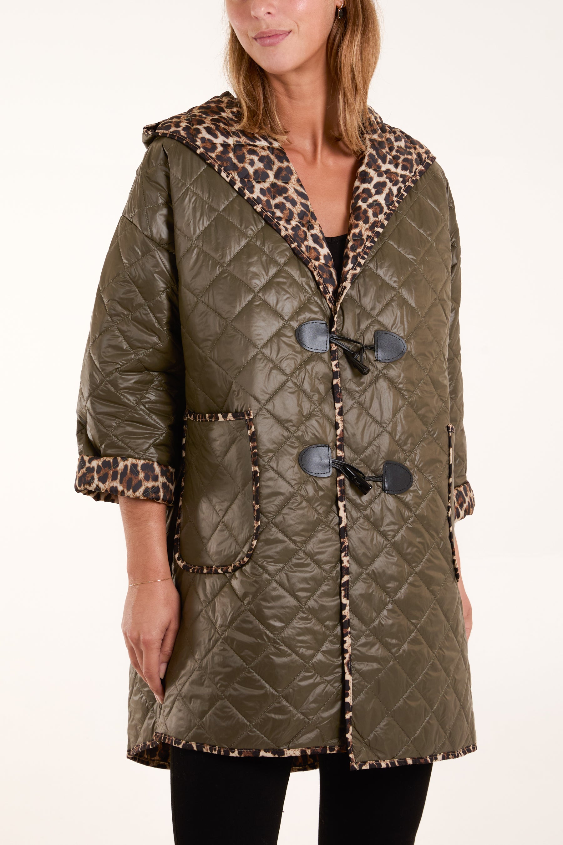 Hooded Leopard Lining Toggle Quilted Coat