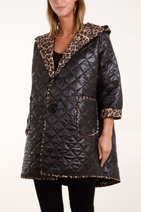 Hooded Leopard Lining Toggle Quilted Coat