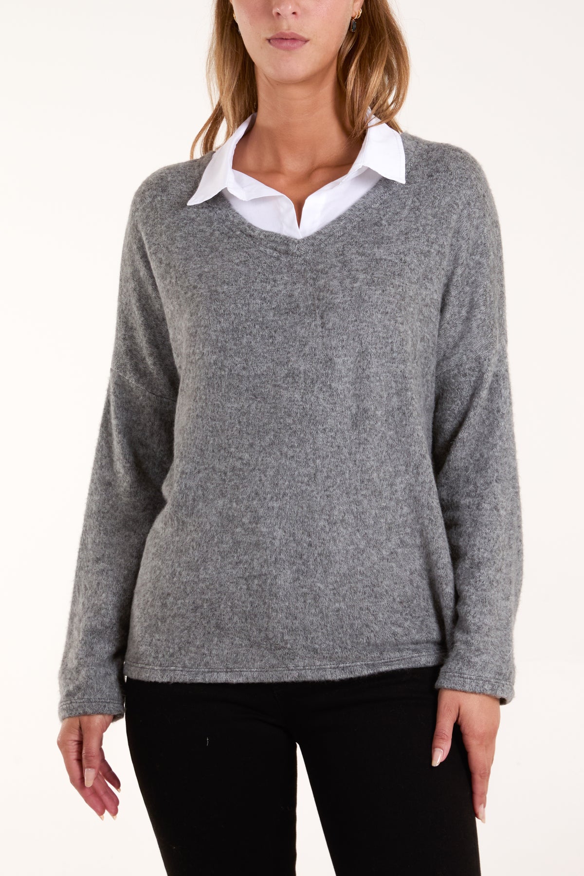 Wool Blend V-Neck Shirt Collar Jumper