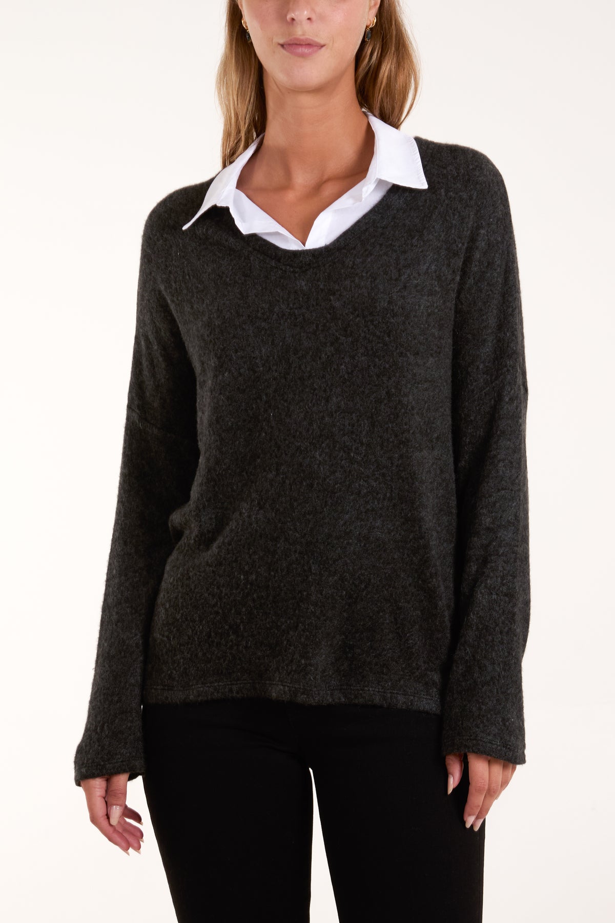 Wool Blend V-Neck Shirt Collar Jumper