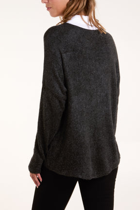 Wool Blend V-neck Jumper with Collar