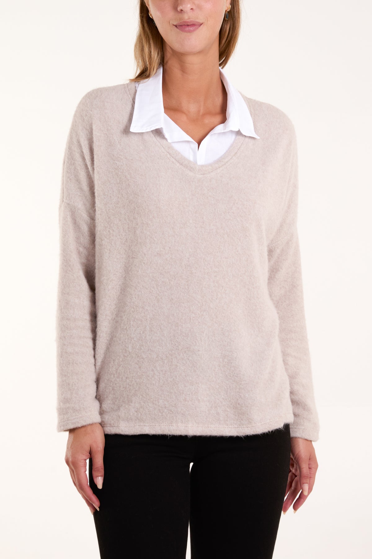 Wool Blend V-Neck Shirt Collar Jumper