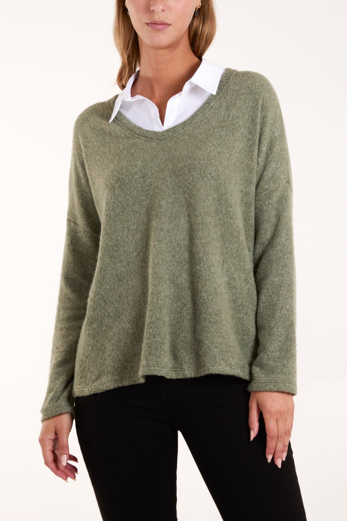 Wool Blend V-Neck Shirt Collar Jumper