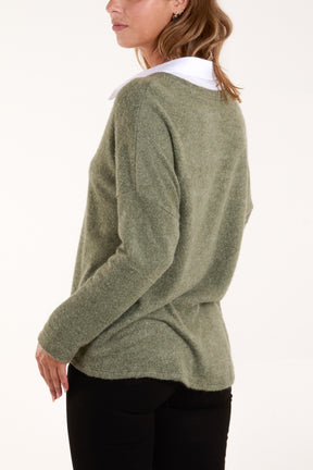 Wool Blend V-neck Jumper with Collar