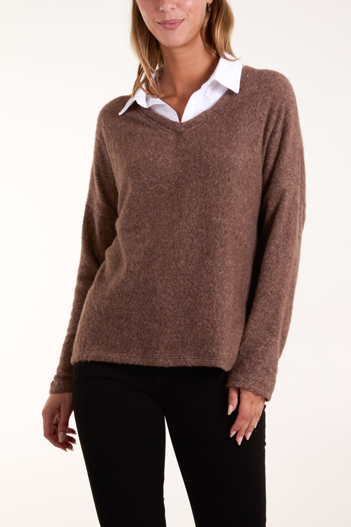 Wool Blend V-Neck Shirt Collar Jumper