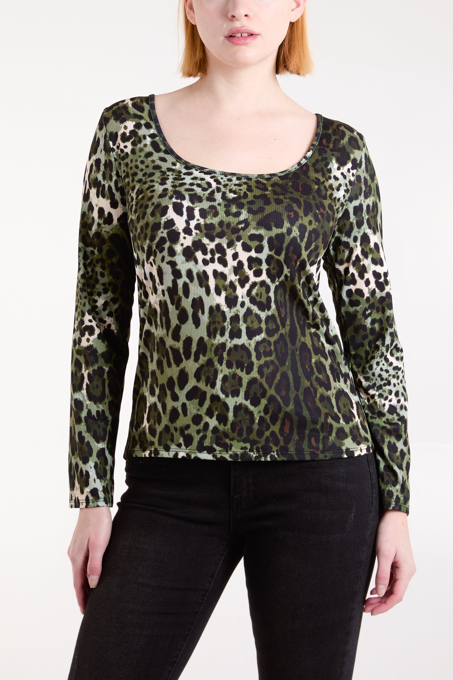 Scoop Neck Leopard Print Ribbed Top