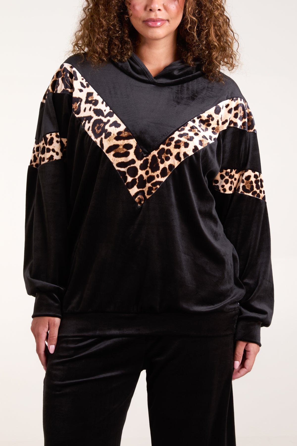 Velour Leopard Detail Hooded Sweatshirt