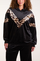 Velour Leopard Detail Hooded Sweatshirt