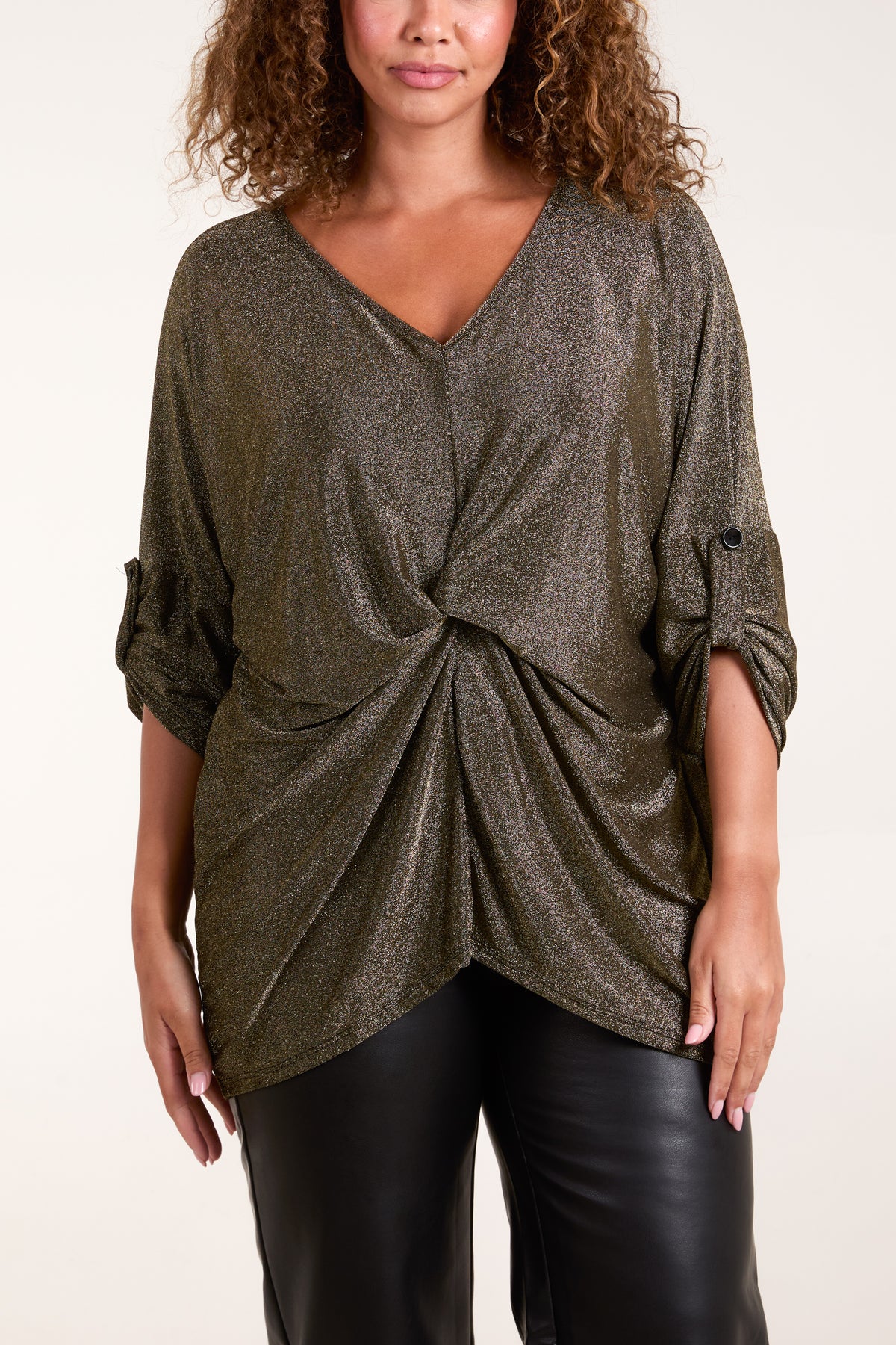 Twisted Front 3/4 Sleeve Shimmer Top