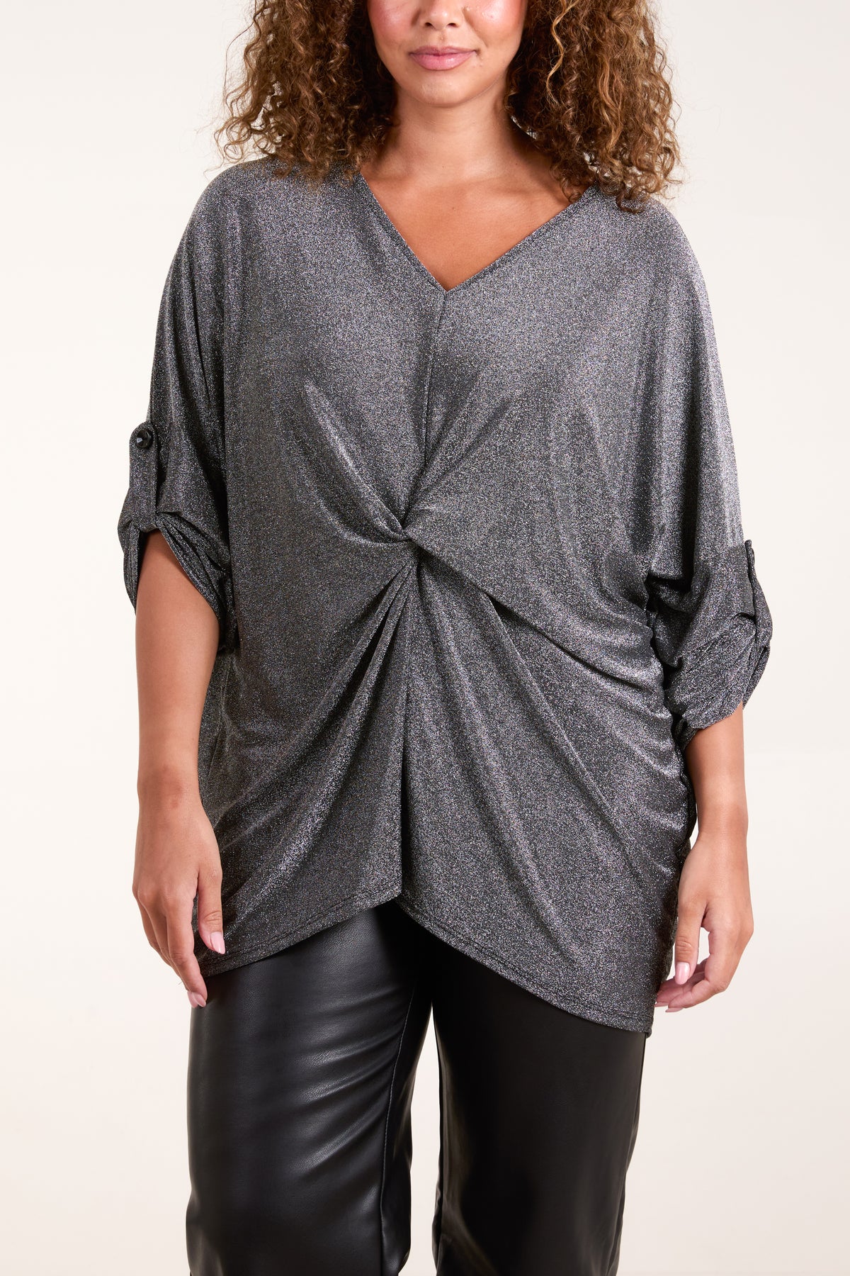 Twisted Front 3/4 Sleeve Shimmer Top