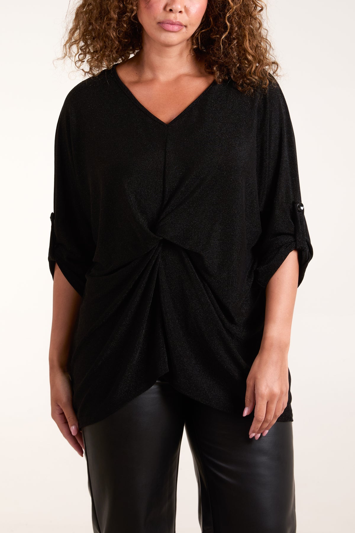 Twisted Front 3/4 Sleeve Shimmer Top