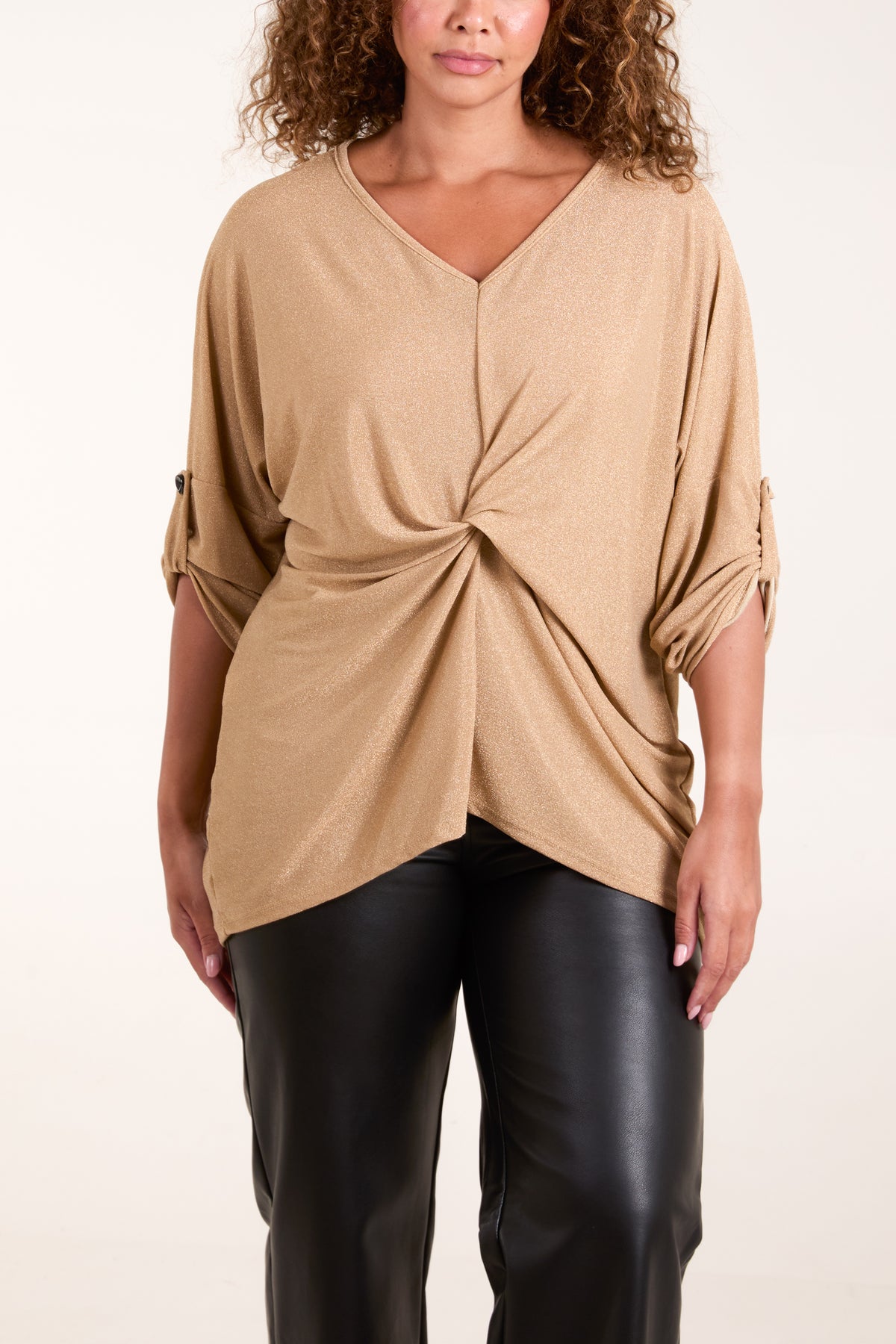 Twisted Front 3/4 Sleeve Shimmer Top