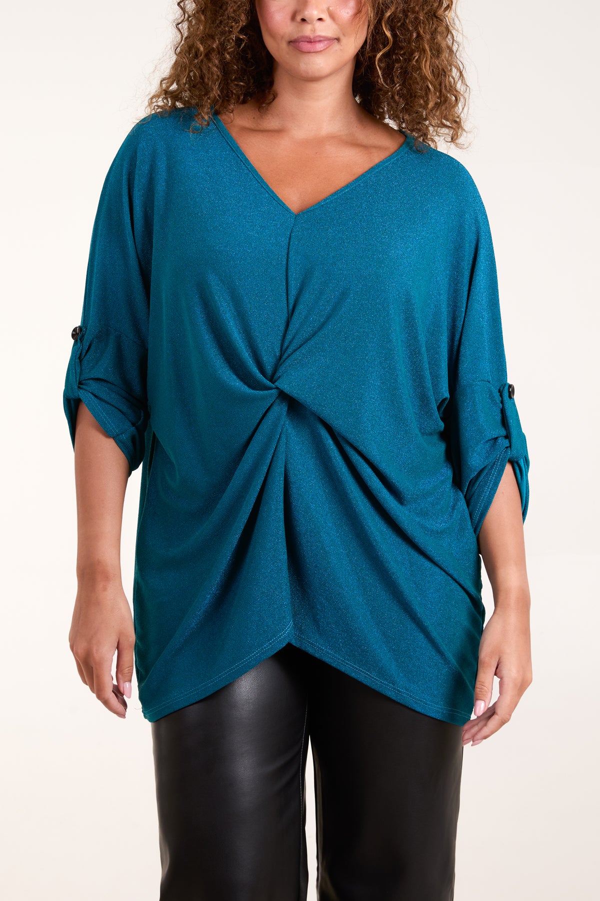 Twisted Front 3/4 Sleeve Shimmer Top