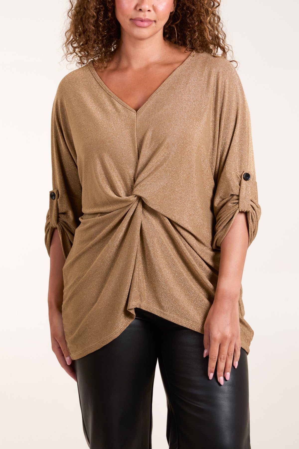 Twisted Front 3/4 Sleeve Shimmer Top